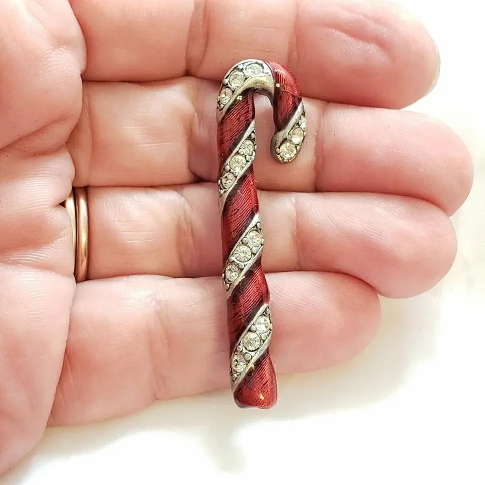 Vintage Red Candy Cane Pin‎ Brooch Enamel Rhinestone Christmas Holiday 2